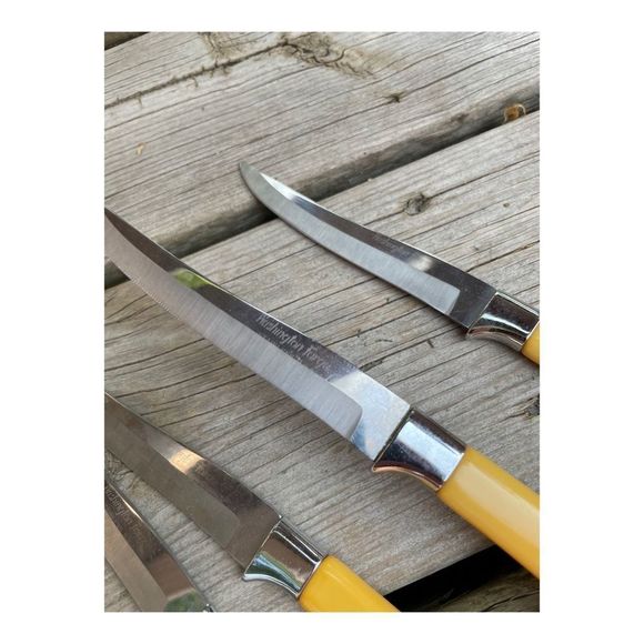 Vintage Bakelight Handle Steak Knife Set x 6 Butterscotch Washington Forge Steel - Picture 8 of 14